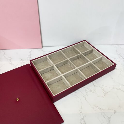 Leather Tray with Lid 12 Grid Maroon